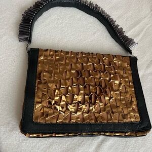 Dax Gabler Elegant Black and Gold Woven Leather Shoulder Bag